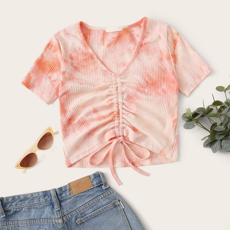 

Ribbed Tie Dye Drawstring Tee, Pink