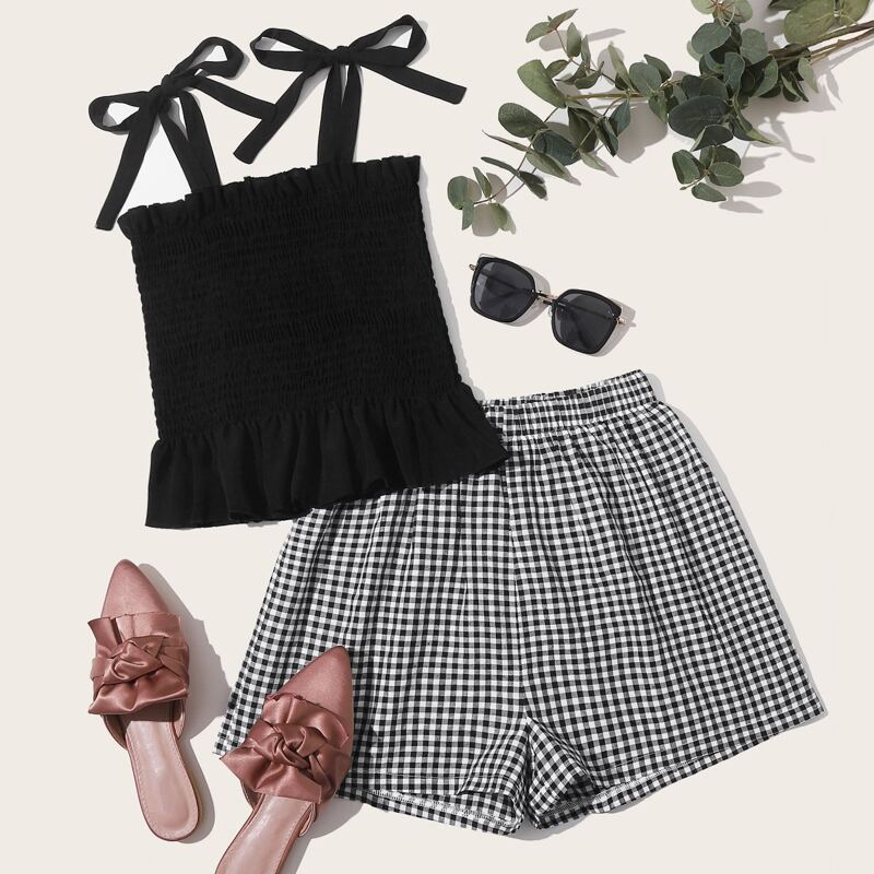 

Black Shirred Ruffle Top & Gingham Shorts, Black and white