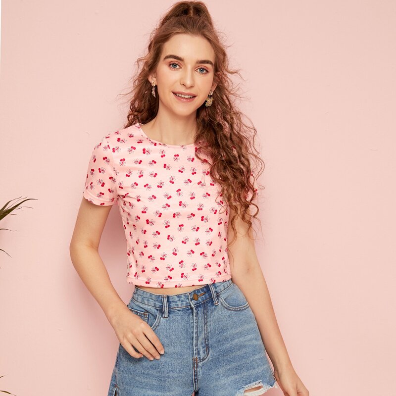 

Cherry Allover Print Crop Tee, Pink