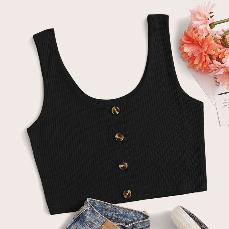 

Ribbed Button Front Crop Tank, Black
