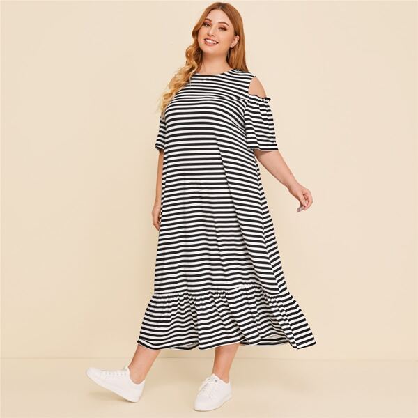 

Plus Cold Shoulder Ruffle Hem Striped Dress, Black and white