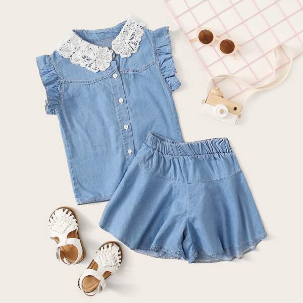 

Toddler Girls Lace Panel Denim Top & Denim Shorts, Blue