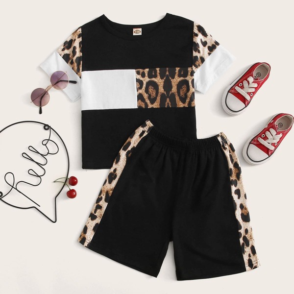 

Toddler Girls Leopard Panel Color Block Tee With Track Shorts, Multicolor