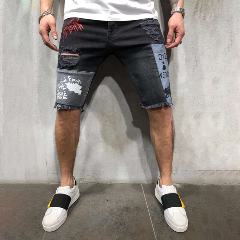 

Guys Letter Graphic Ripped Denim Shorts, Black