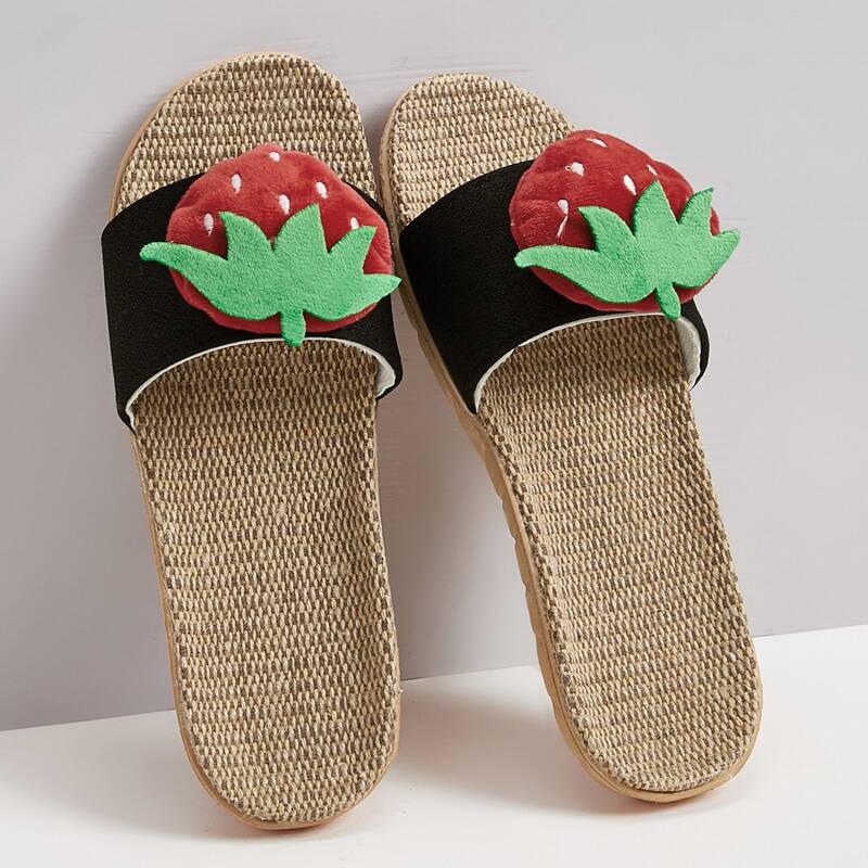 

Strawberry Appliques Espadrille Sliders, Black
