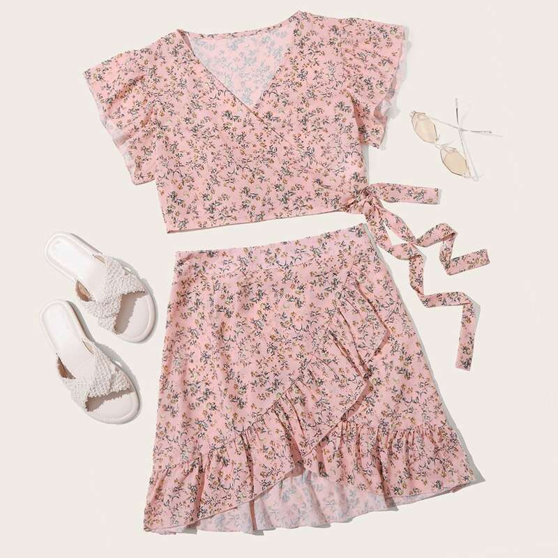 

Ditsy Floral Wrap Top & Ruffle Hem Skirt, Pink