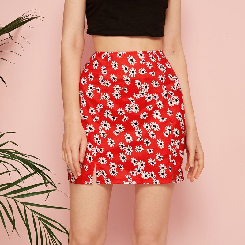 

Floral Slit Hem Mini Skirt, Red
