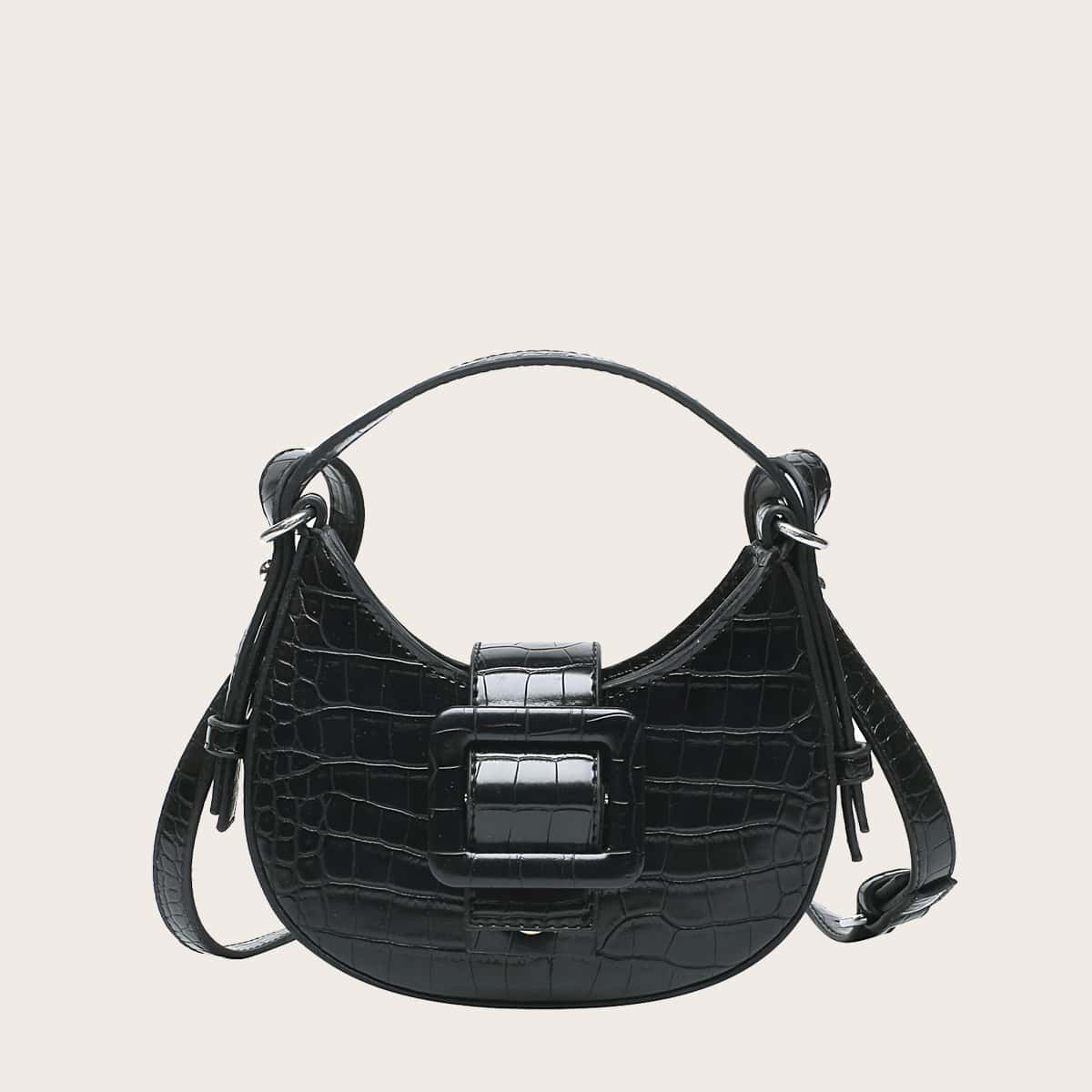 

Buckle Decor Croc Embossed Satchel Bag, Black