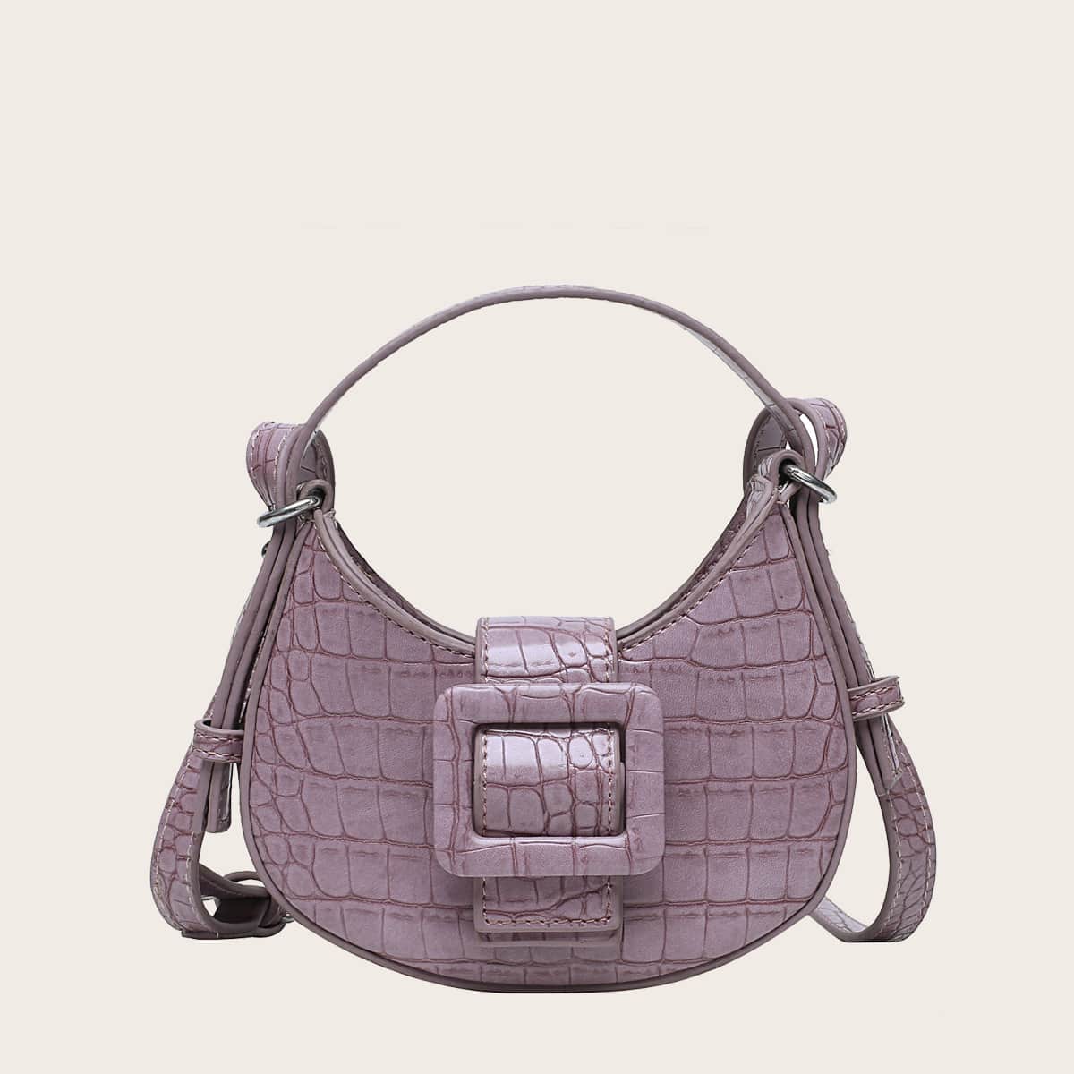 

Buckle Decor Croc Embossed Satchel Bag, Purple