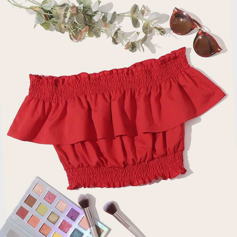

Off Shoulder Ruffle Crop Top, Red