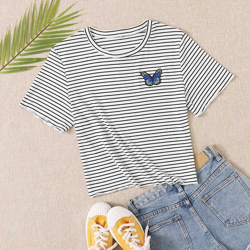 

Striped Butterfly Embroidery Tee, Black and white