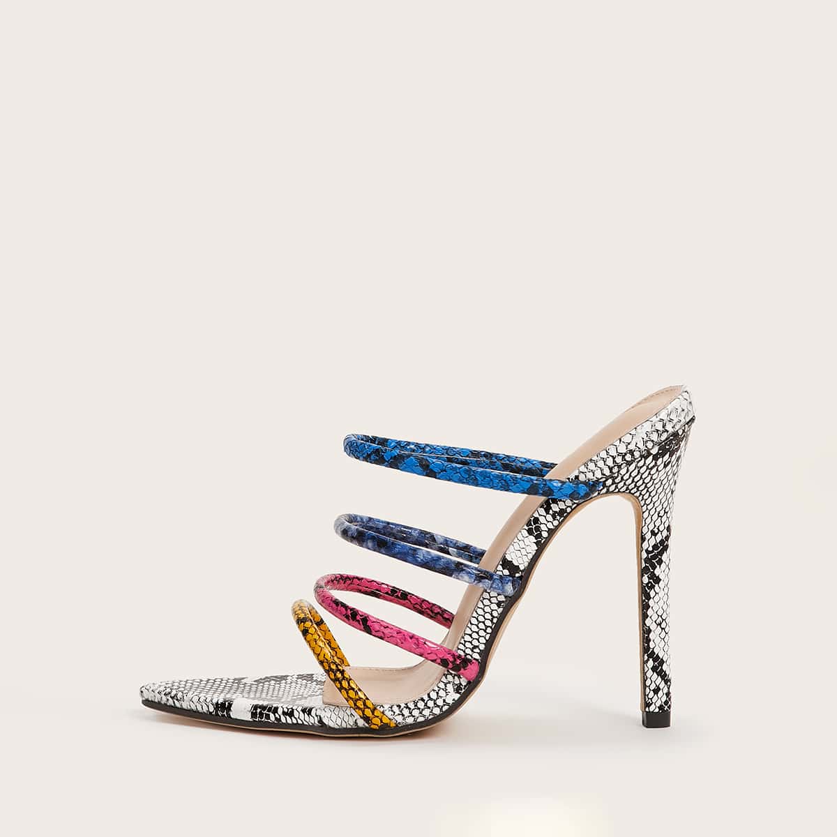 

Open Toe Strappy Stiletto Heeled Mules, Black and white