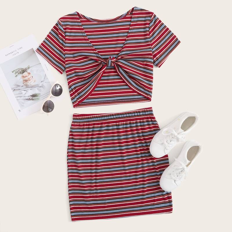 

Striped Knot Front Tee & Skirt, Multicolor