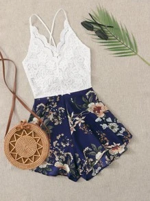 SHEIN VCAY Lace Panel Floral Print Knot Back Cami Romper - Multicolor - View 1
