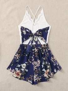 SHEIN VCAY Lace Panel Floral Print Knot Back Cami Romper - Multicolor - View 2