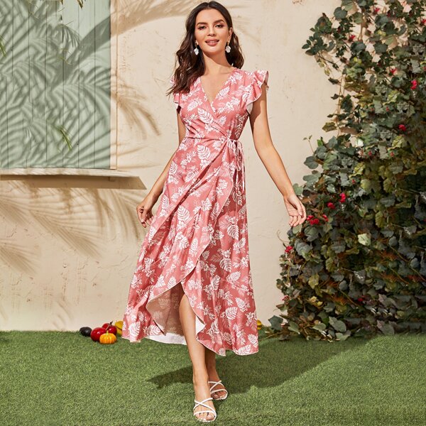 

Floral & Tropical Print Tie Side Ruffle Wrap Dress, Pink