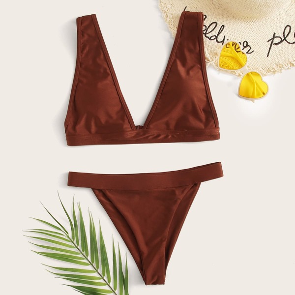 

Solid Tanga Bikini Swimsuit, Brown