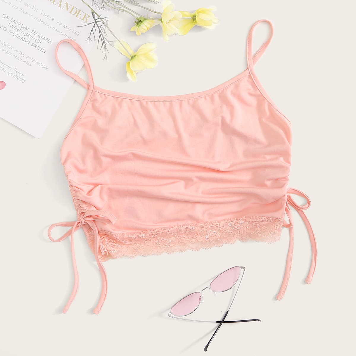 

Lace Hem Drawstring Cami, Pink