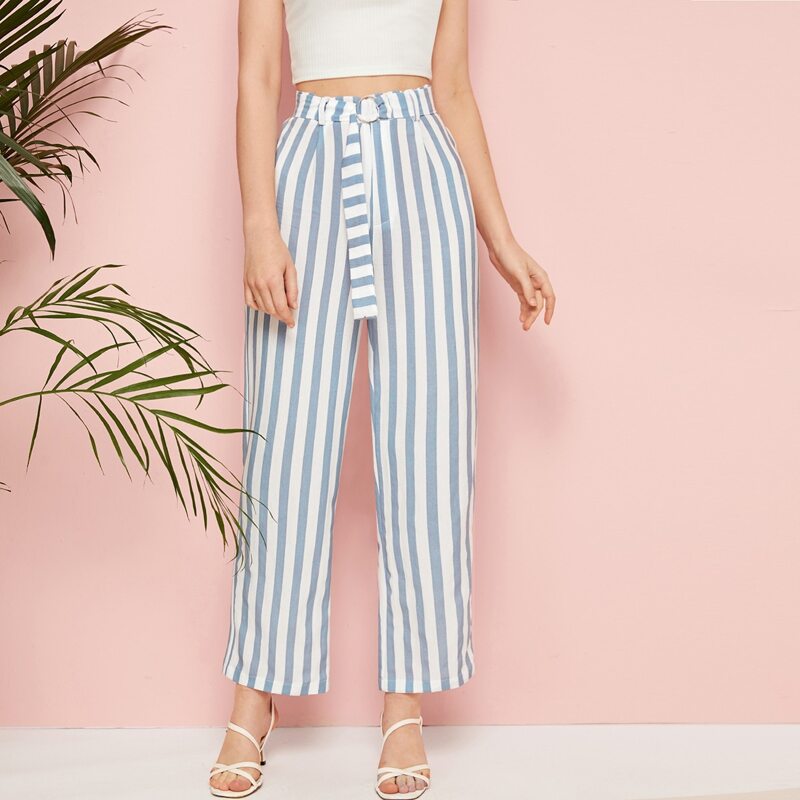 

Vertical Striped Pants With Belt, Blue