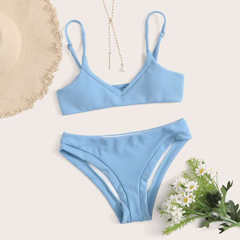 

Ribbed Cami Bikini Swimsuit, Blue