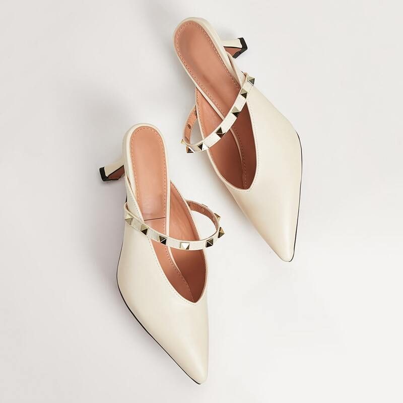Studded Decor Heeled Mules, White
