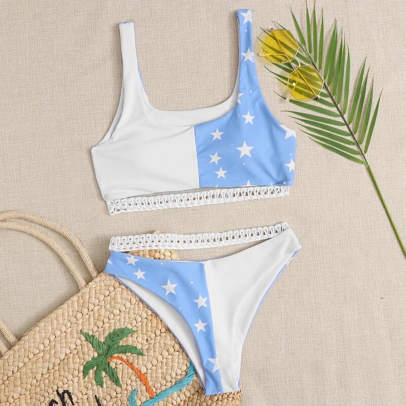 

Star Contrast Strap Bikini Swimsuit, Multicolor