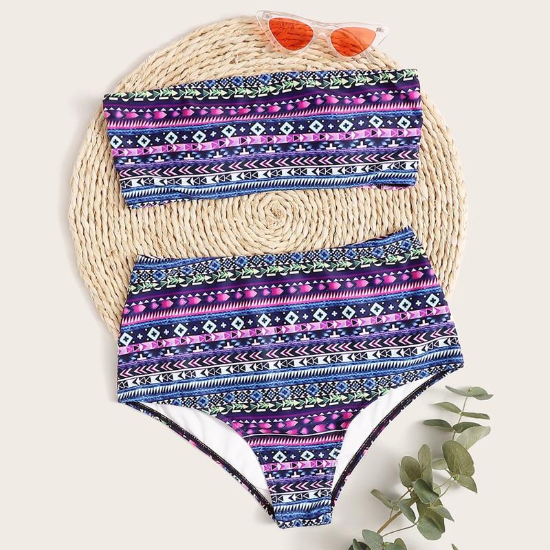 

Aztec Print Bandeau High Waisted Bikini Swimsuit, Multicolor