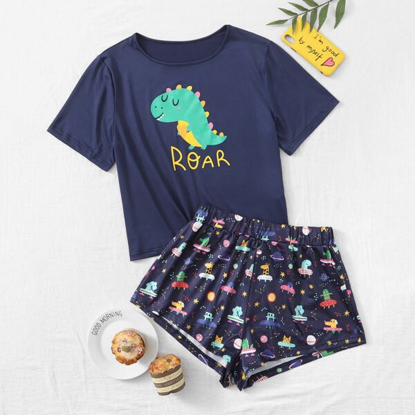 

Letter & Cartoon Graphic PJ Set, Navy blue