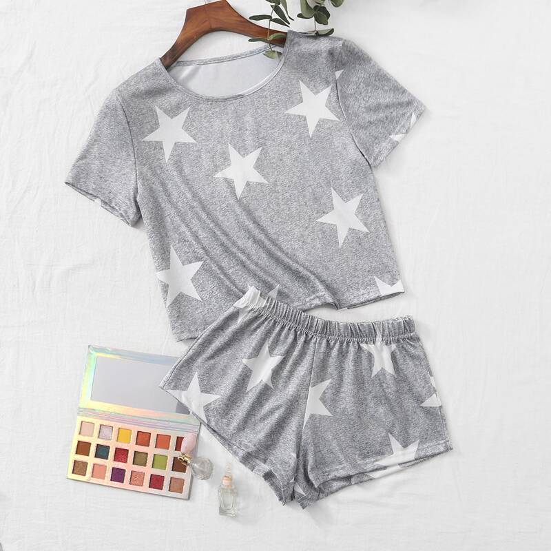 

Space Dye Star Print Pajama Set, Grey