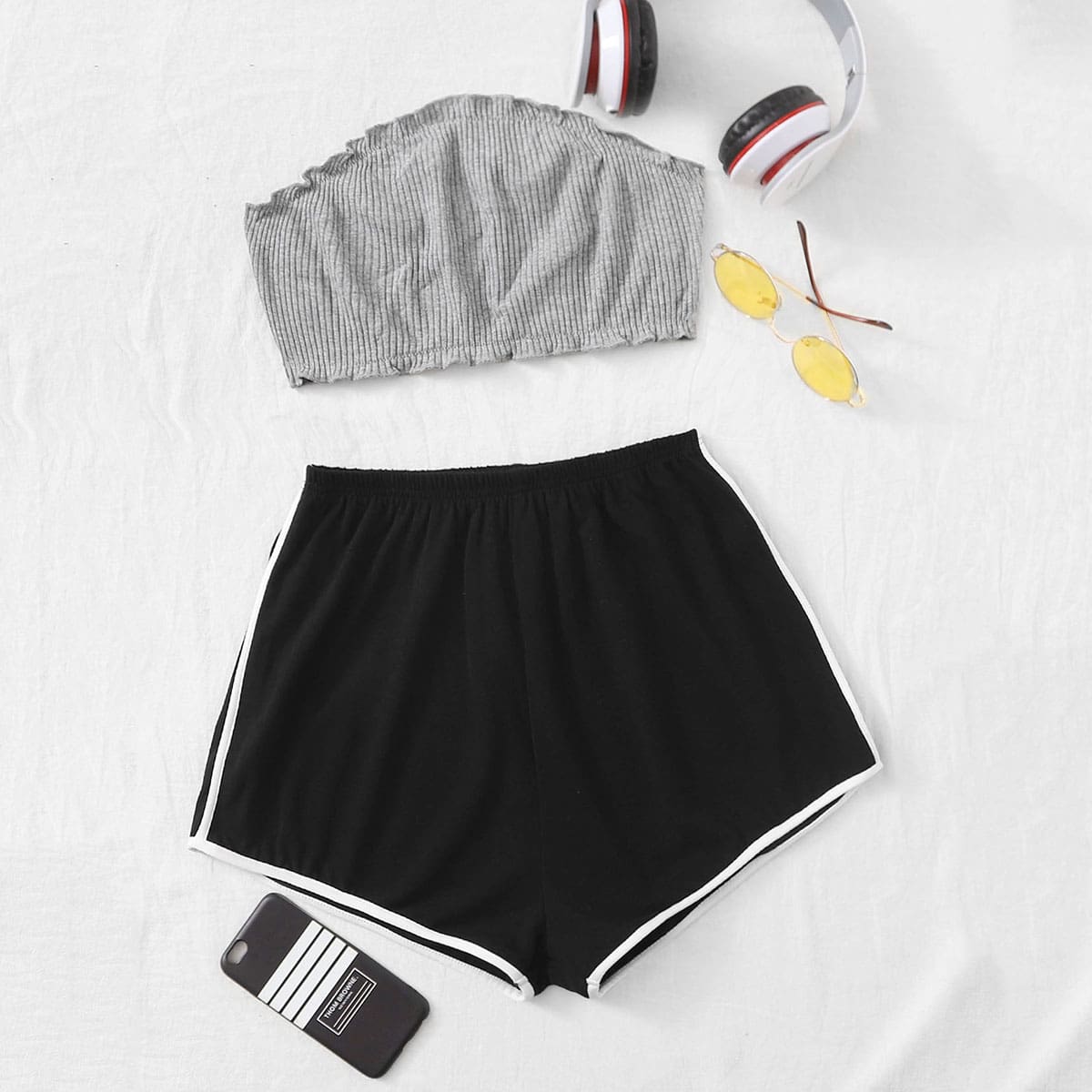 

Ribbed Frilled Trim Tube Crop Top & Contrast Binding Shorts, Multicolor