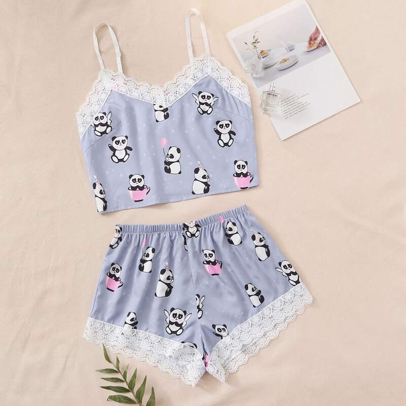 

Lace Panel Cartoon Graphic Satin Night Set, Blue