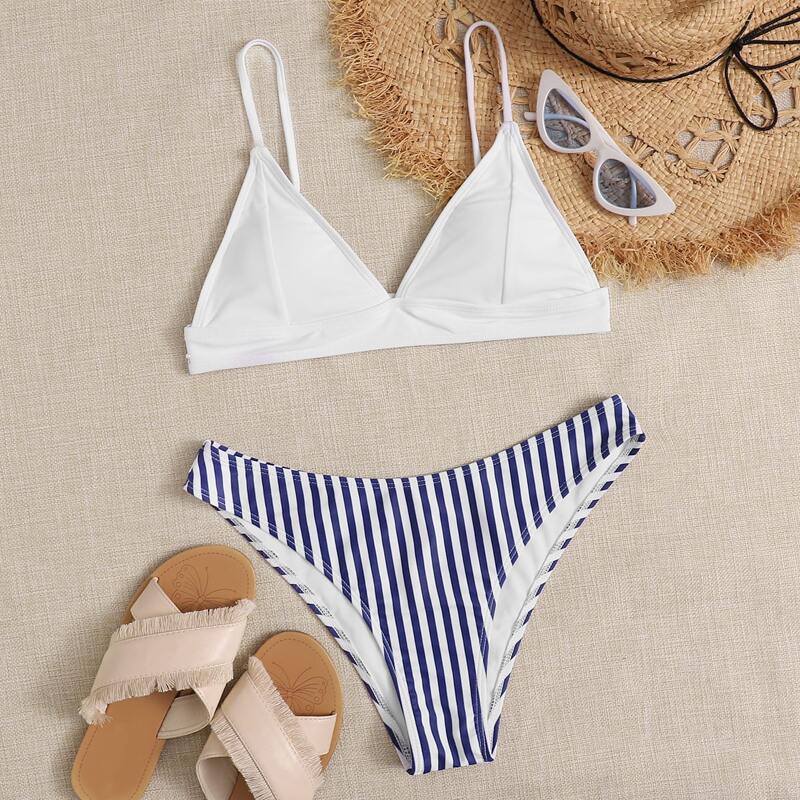 

Striped Triangle High Leg Bikini Swimsuit, Multicolor