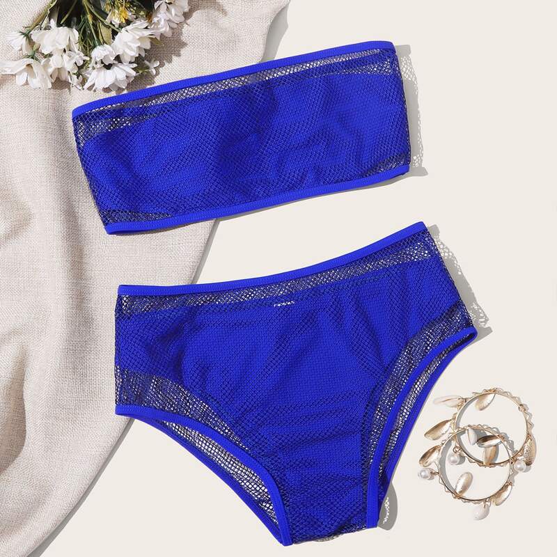 

Fishnet Bandeau High Waist Bikini Swimsuit, Blue