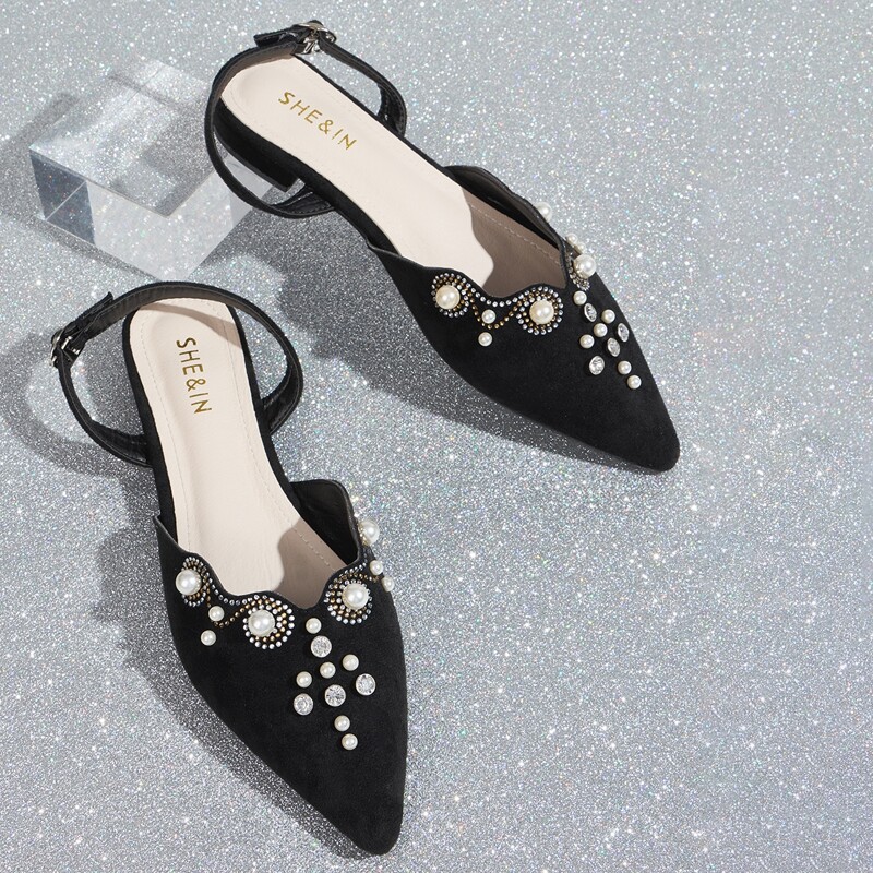

Point Toe Faux Pearl Decor Flats, Black