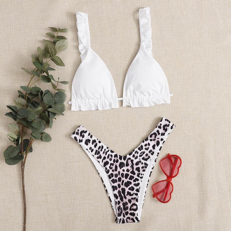 

Leopard Frill Triangle High Leg Bikini Swimsuit, Multicolor