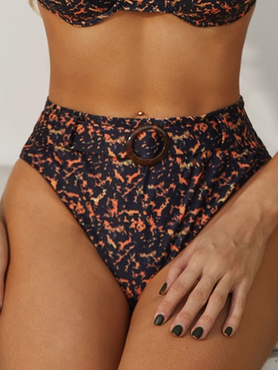 Allover Print Belted High Waisted Bikini Panty