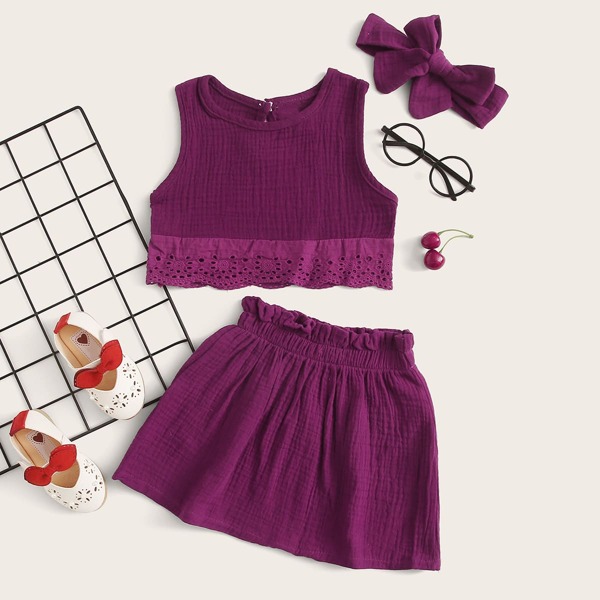 

Toddler Girls Eyelet Embroidery Tank Top & Paperbag Skirt & Headband, Purple