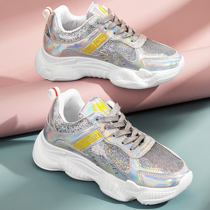 

Metallic Lace-up Chunky Sneakers, Silver