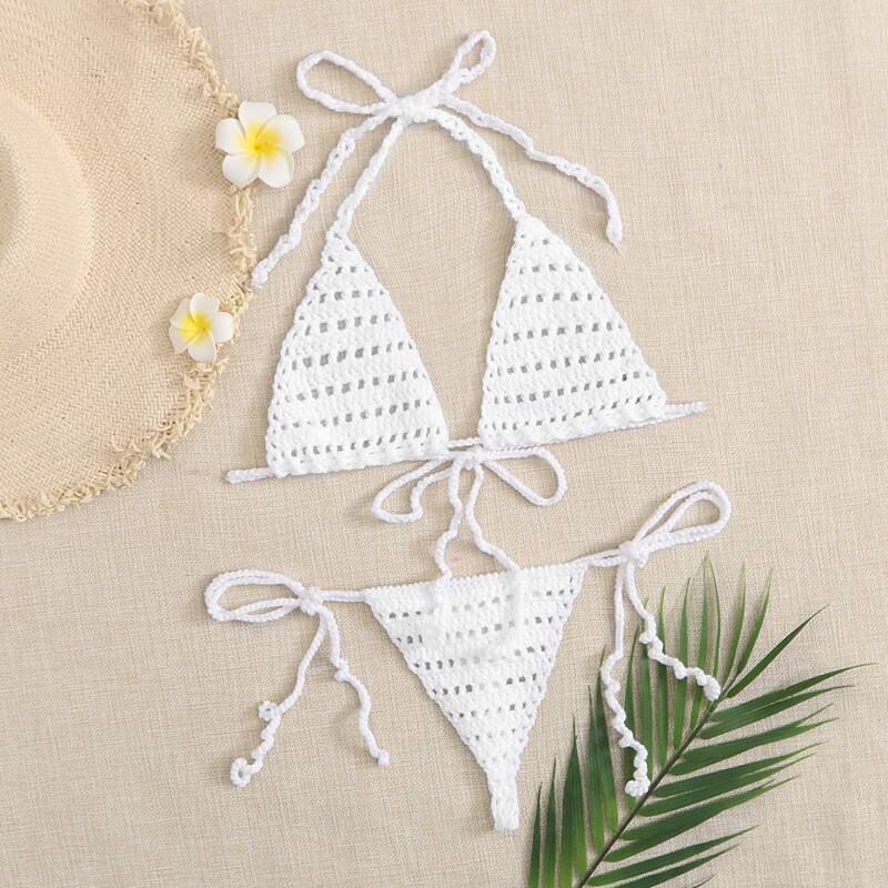 

Crochet Triangle Tie Side Bikini Swimsuit, White