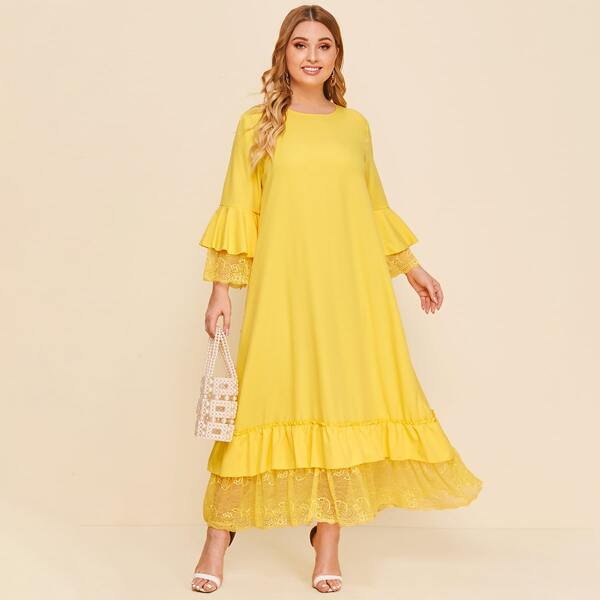 

Plus Lace Trim Ruffle Detail Dress, Yellow