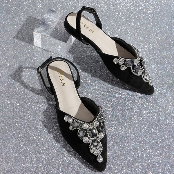 

Point Toe Gemstone Decor Flats, Black