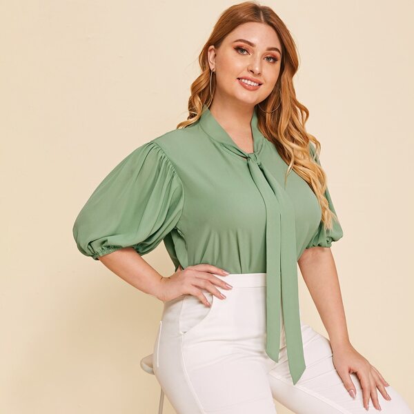 

Plus Tie Neck Puff Sleeve Top, Green pastel