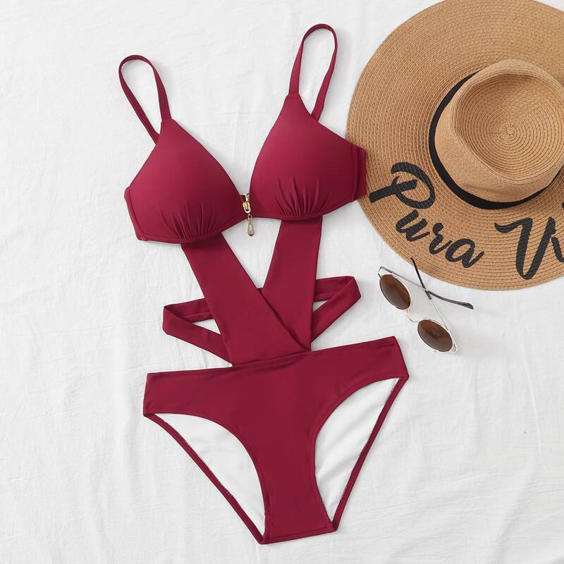 

Cut-out Zip Front Push Up Monokini, Burgundy
