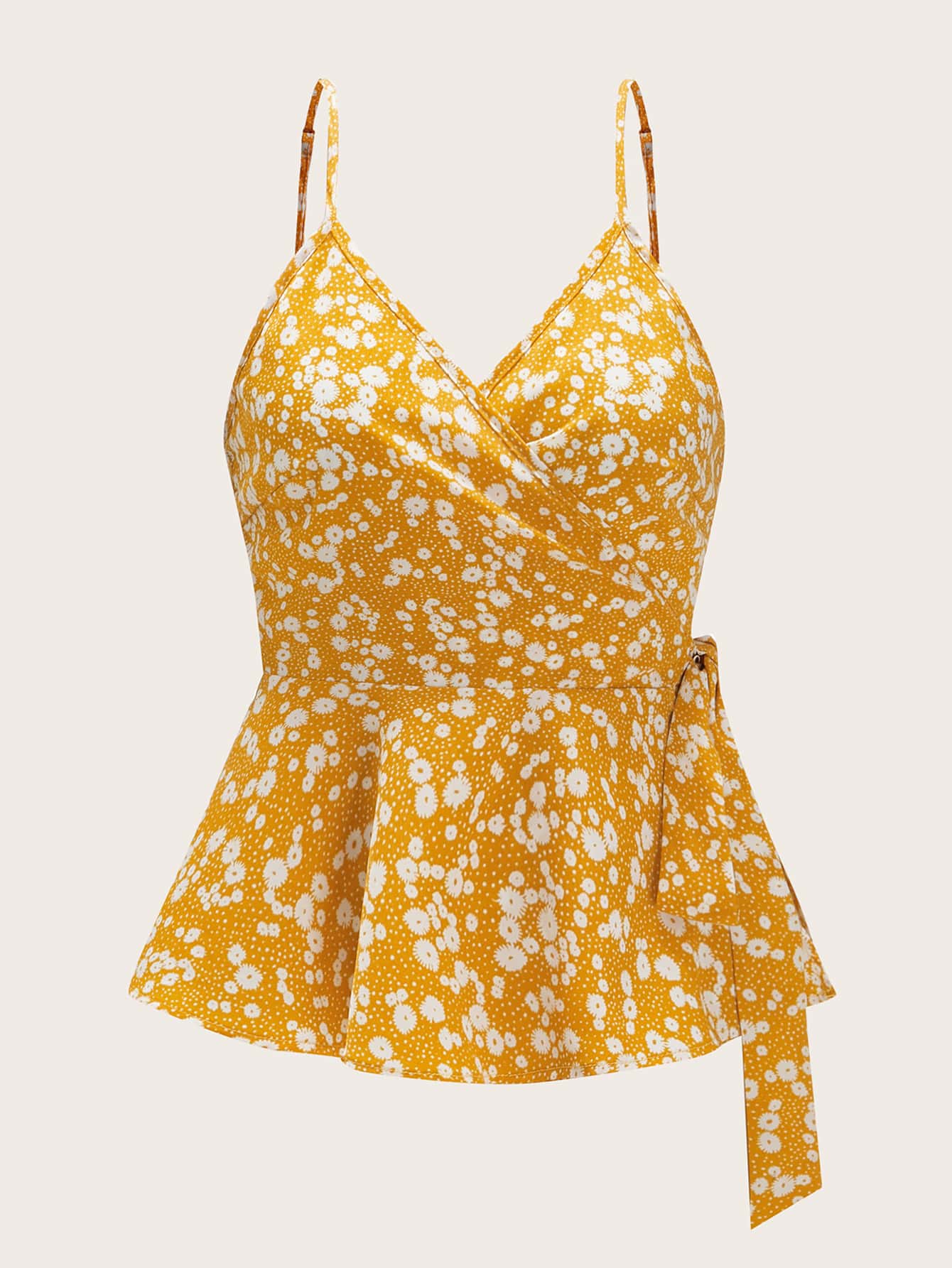 SHEIN MOD 側繫帶小碎花花卉吊帶上衣 - 黃色 - 查看 1
