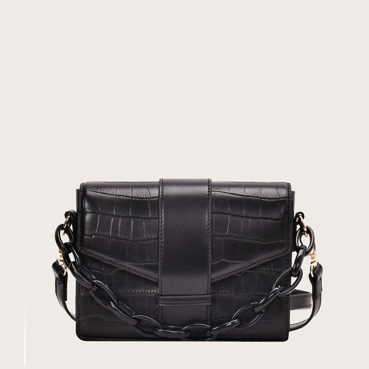 

Croc Embossed Flap Satchel Bag, Black