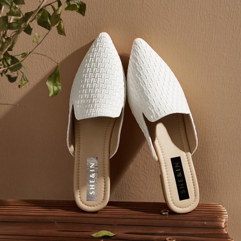 

Premium Braided Point Toe Flat Mules, White