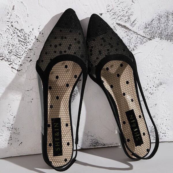 

Point Toe Polka Dot Mesh Flats, Black