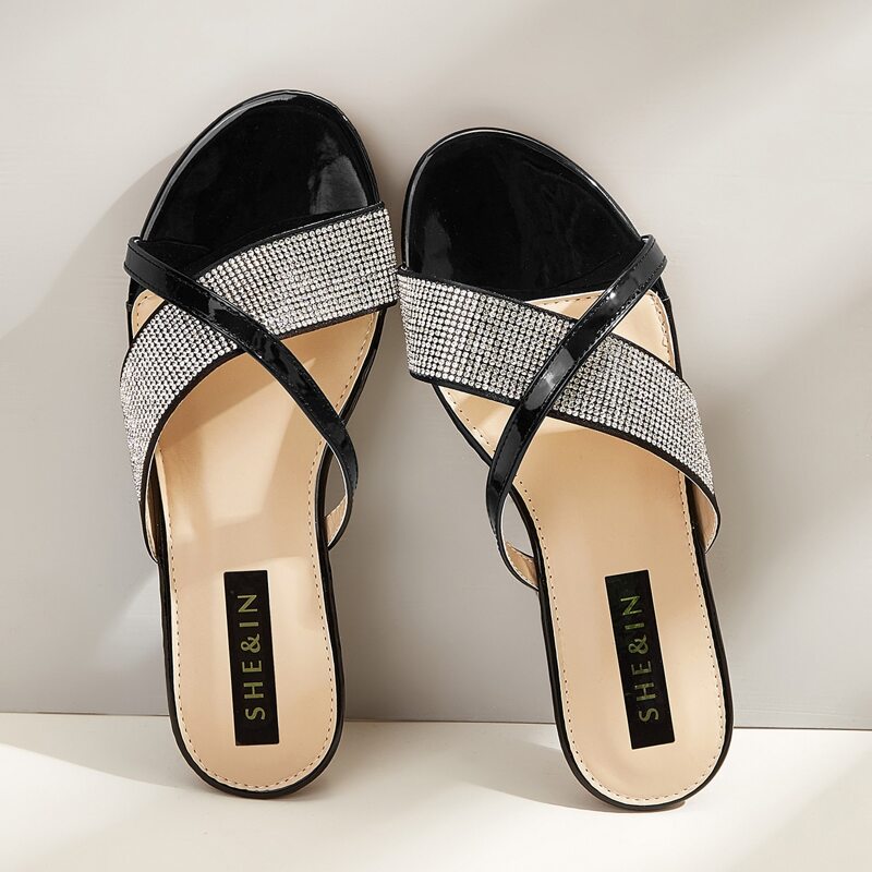 

Rhinestone Decor Cross Strap Sliders, Black