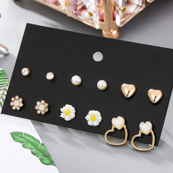 

6pairs Daisy Heart Earrings, White