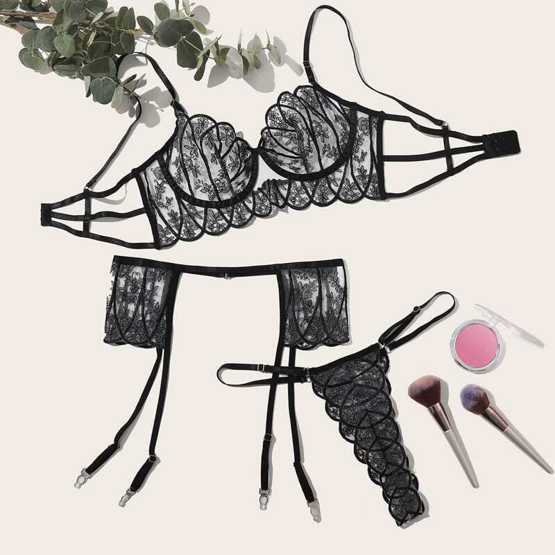 

Embroidered Mesh Underwire Garter Lingerie Set, Black